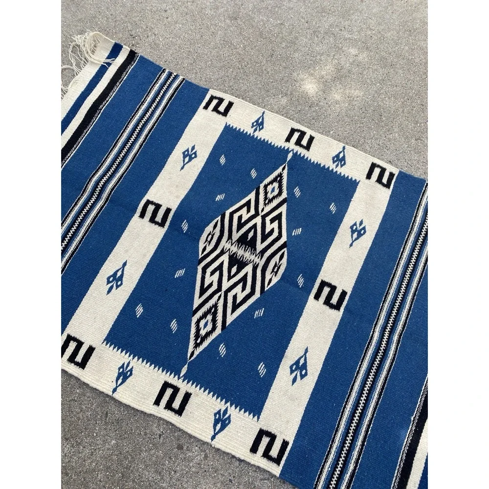 Antique Texcoco Rug Woven Blue Mexico Rio Grande 38x25 RARE